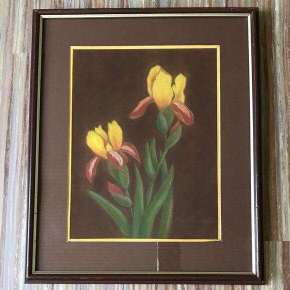 Yellow Iris Flower Original Pastel Drawing Framed Signed Phyl Henkel 14x17" - Picture 1 of 5